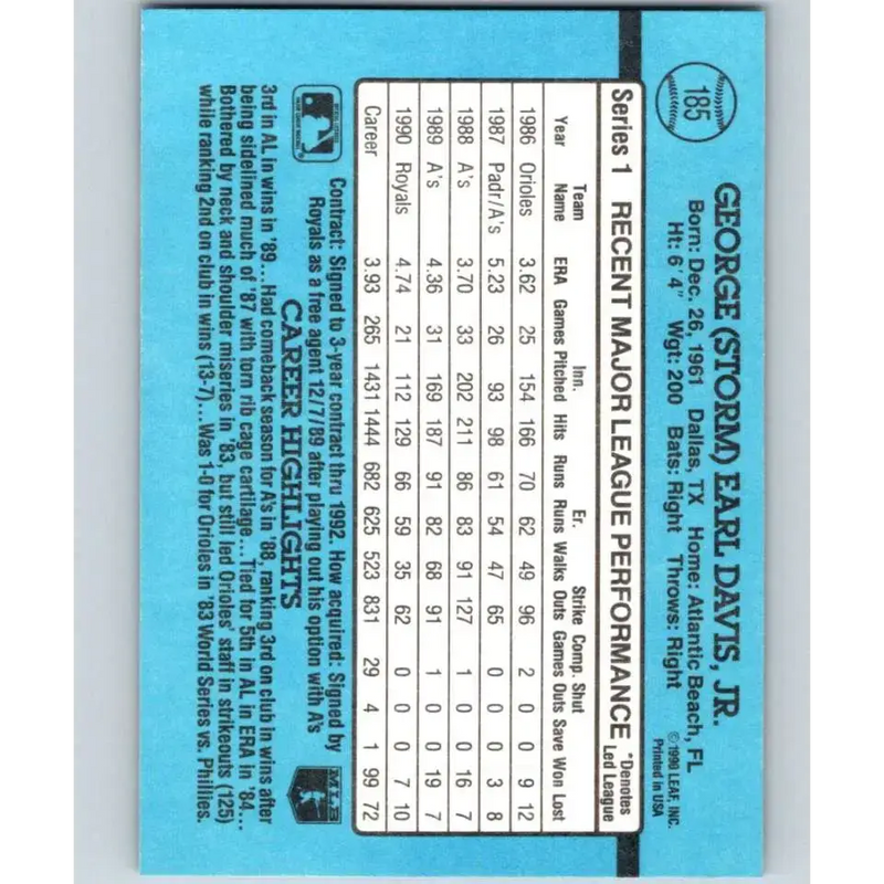 1991 Donruss #185 Storm Davis NM-MT Kansas City Royals Baseball Card - Baseball Card Single