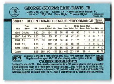 Back of the 1991 Donruss #185a Storm Davis baseball card showing player statistics