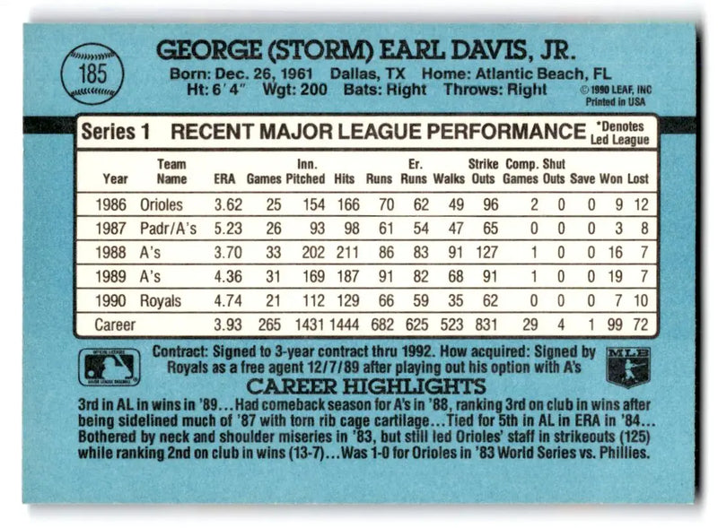 1991 Donruss #185a Storm Davis - Baseball Card Single