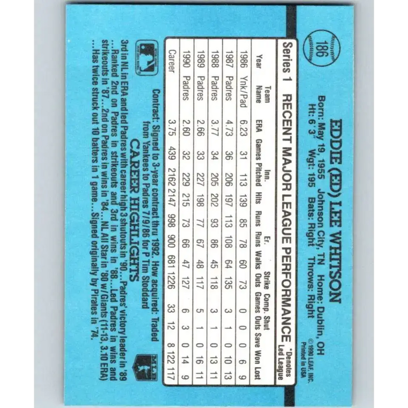 1991 Donruss #186 Ed Whitson NM-MT San Diego Padres Baseball Card - Baseball Card Single