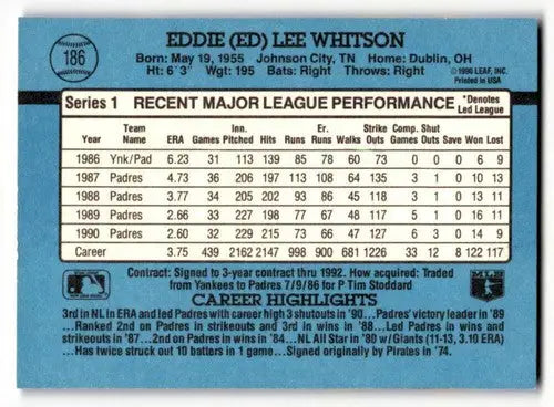 Eddie Lee Whitson San Diego Padres baseball card from 1991 Donruss #186