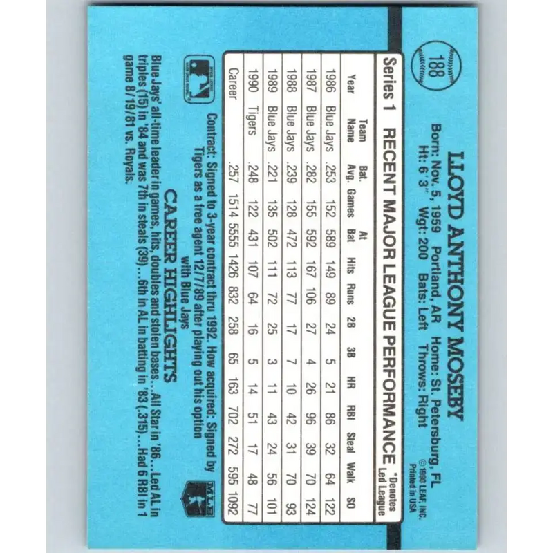 1991 Donruss #188 Lloyd Moseby NM-MT Detroit Tigers Baseball Card - Baseball Card Single