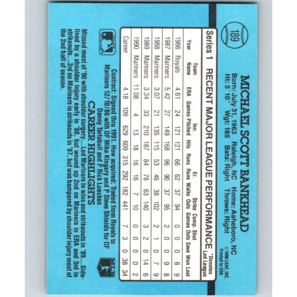 1991 Donruss #189 Scott Bankhead NM-MT Seattle Mariners Baseball Card - Baseball Card Single
