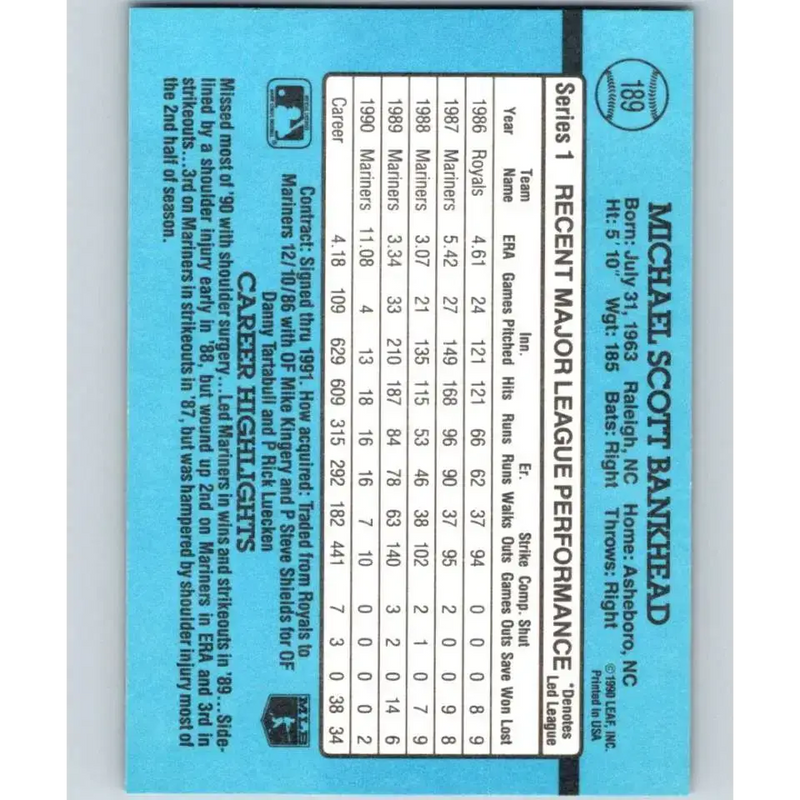 1991 Donruss #189 Scott Bankhead NM-MT Seattle Mariners Baseball Card - Baseball Card Single