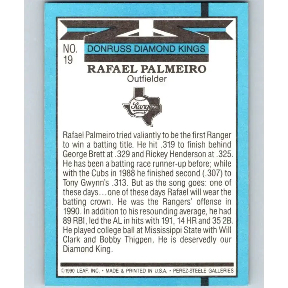 1991 Donruss #19 Rafael Palmeiro DK UER NM-MT Texas Rangers Baseball Card - Baseball Card Single