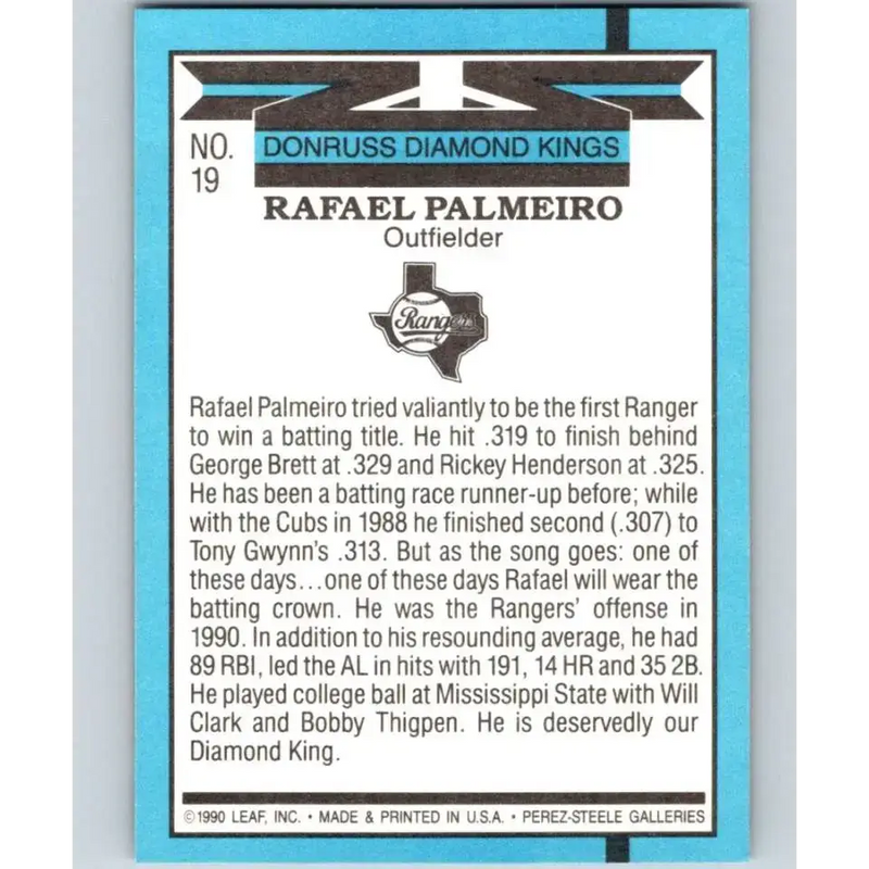 1991 Donruss #19 Rafael Palmeiro DK UER NM-MT Texas Rangers Baseball Card - Baseball Card Single