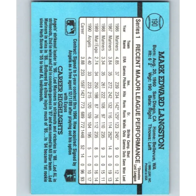 1991 Donruss #190 Mark Langston NM-MT California Angels Baseball Card - Baseball Card Single