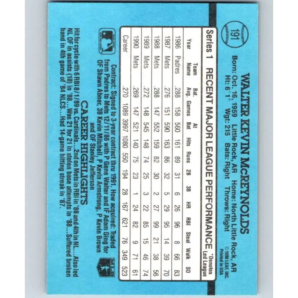 1991 Donruss #191 Kevin McReynolds NM-MT New York Mets Baseball Card - Baseball Card Single