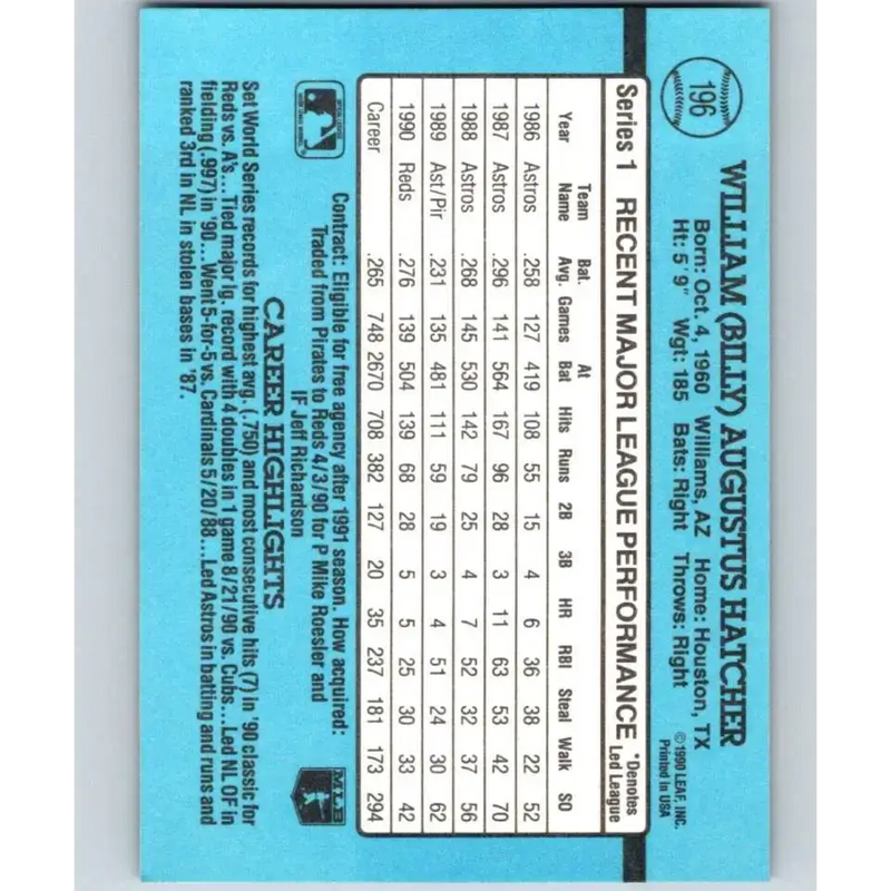 1991 Donruss #196 Billy Hatcher NM-MT Cincinnati Reds Baseball Card - Baseball Card Single