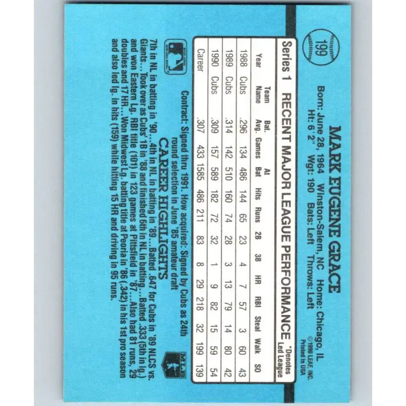 1991 Donruss #199 Mark Grace NM-MT Chicago Cubs Baseball Card - Baseball Card Single