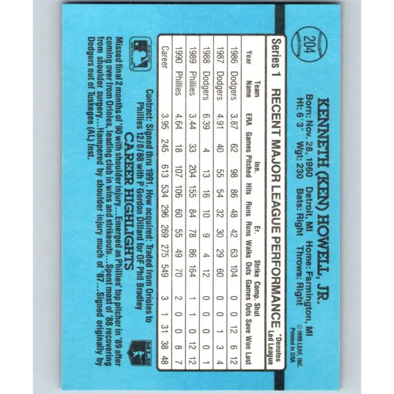 1991 Donruss #204 Ken Howell NM-MT Philadelphia Phillies Baseball Card - Baseball Card Single
