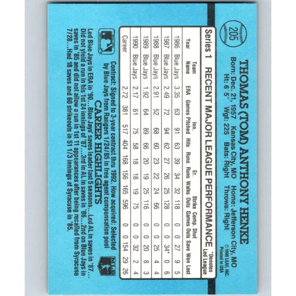 1991 Donruss #205 Tom Henke NM-MT Toronto Blue Jays Baseball Card - Baseball Card Single