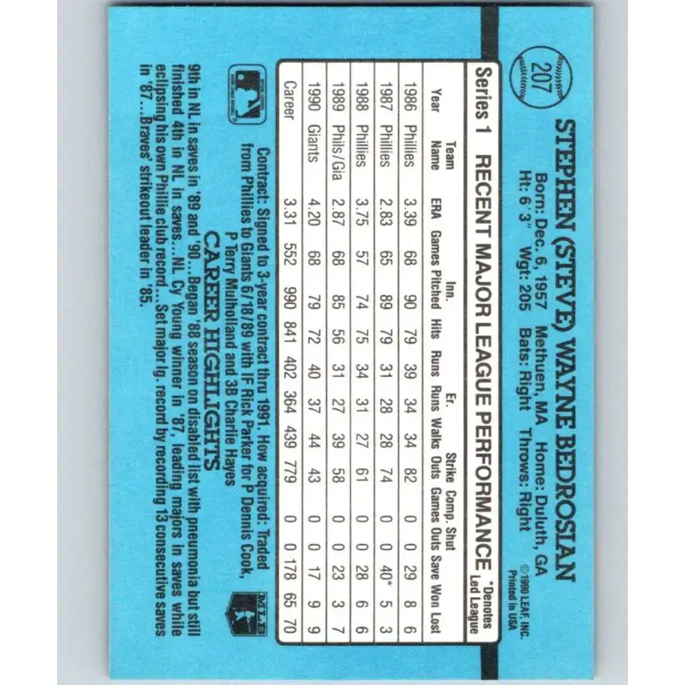 1991 Donruss #207 Steve Bedrosian NM-MT San Francisco Giants Baseball Card - Baseball Card Single