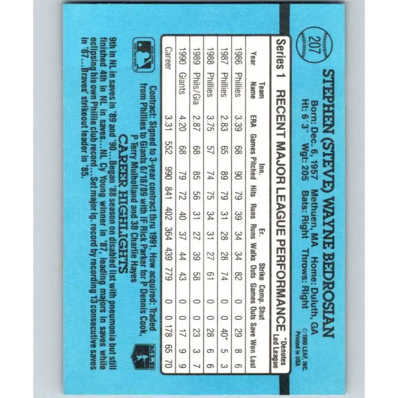 1991 Donruss #207 Steve Bedrosian NM-MT San Francisco Giants Baseball Card - Baseball Card Single