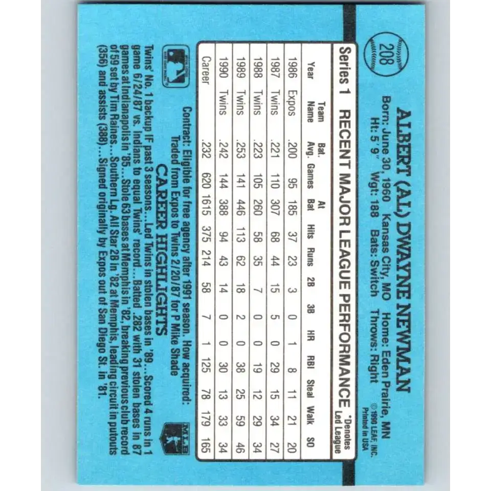 1991 Donruss #208 Al Newman NM-MT Minnesota Twins Baseball Card - Baseball Card Single