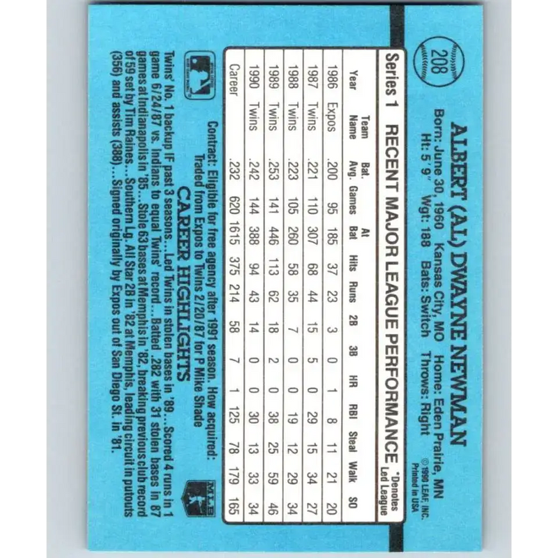 1991 Donruss #208 Al Newman NM-MT Minnesota Twins Baseball Card - Baseball Card Single