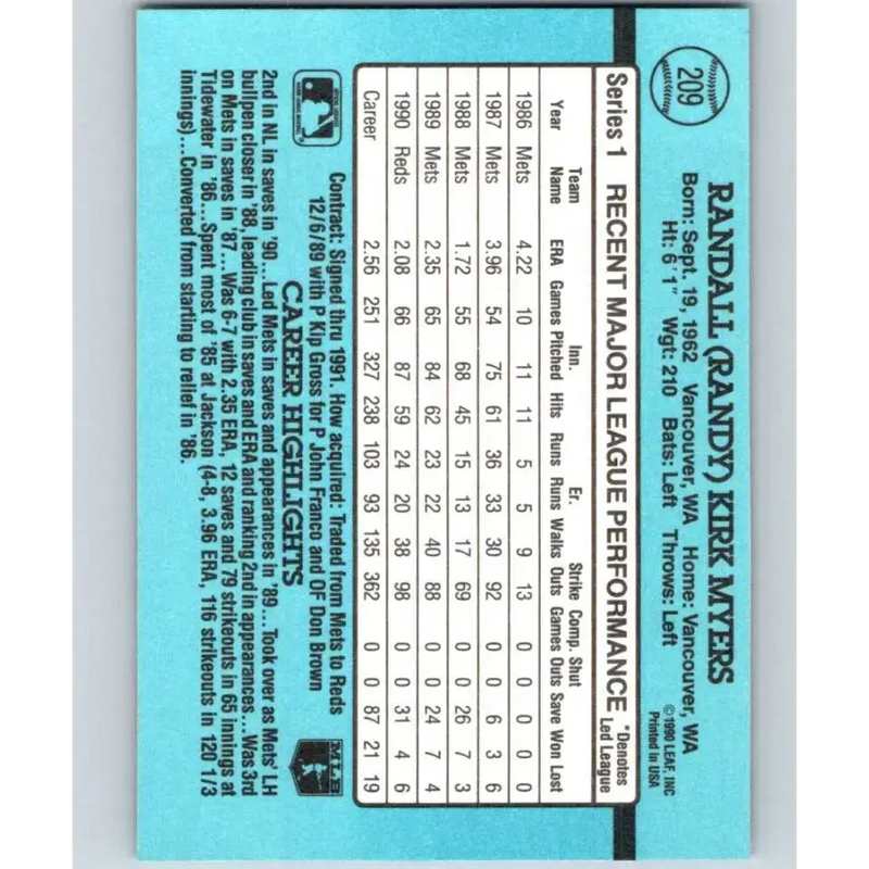 1991 Donruss #209 Randy Myers NM-MT Cincinnati Reds Baseball Card - Baseball Card Single