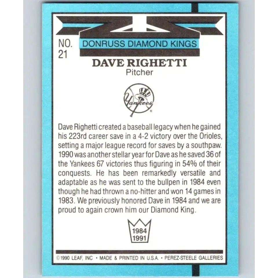 1991 Donruss #21 Dave Righetti DK NM-MT New York Yankees Baseball Card - Baseball Card Single