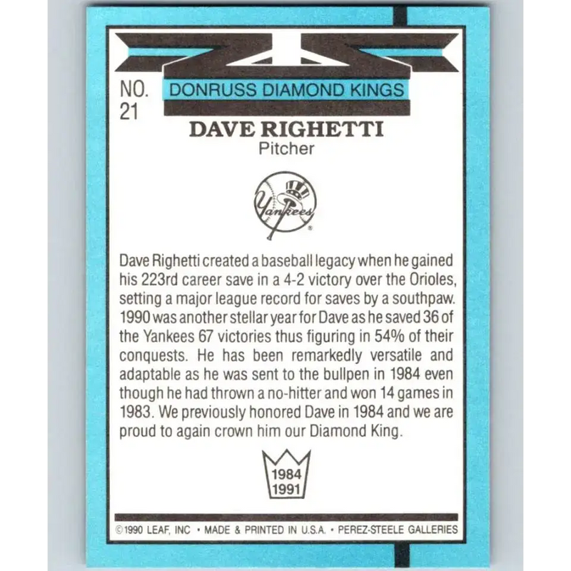 1991 Donruss #21 Dave Righetti DK NM-MT New York Yankees Baseball Card - Baseball Card Single