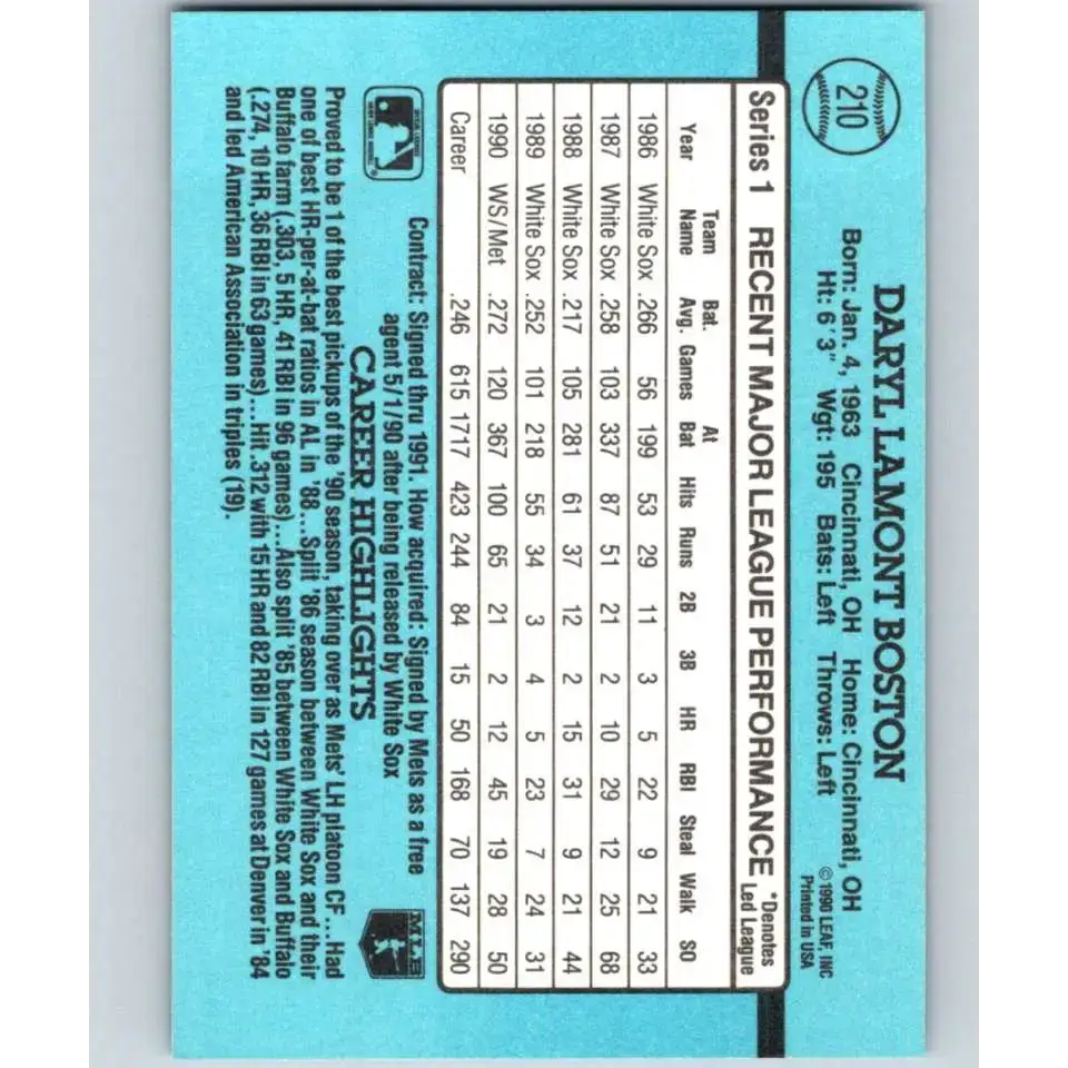 1991 Donruss #210 Daryl Boston NM-MT New York Mets Baseball Card - Baseball Card Single