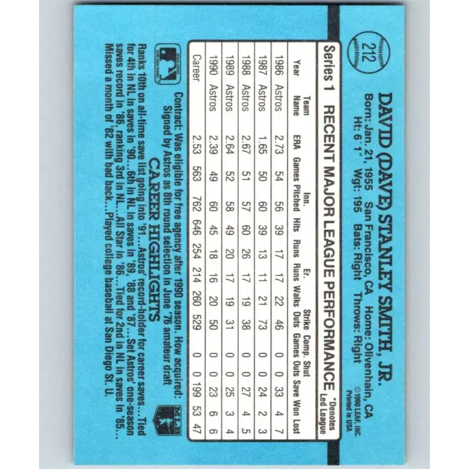 1991 Donruss #212 Dave Smith NM-MT Houston Astros Baseball Card - Baseball Card Single