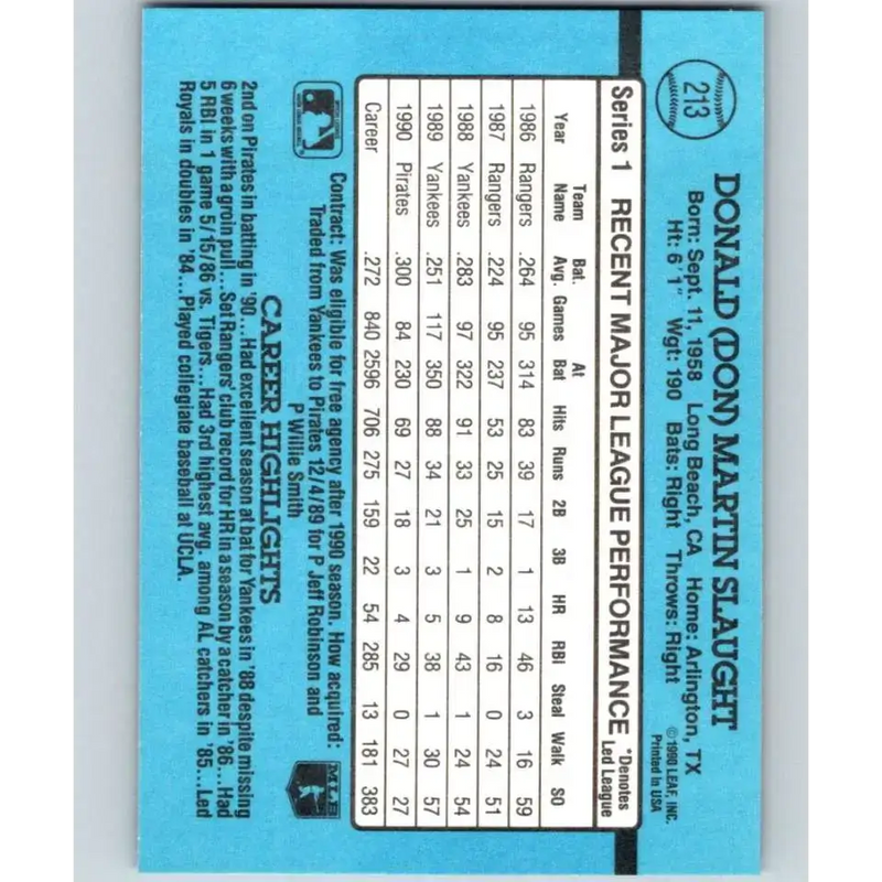 1991 Donruss #213 Don Slaught NM-MT Pittsburgh Pirates Baseball Card - Baseball Card Single
