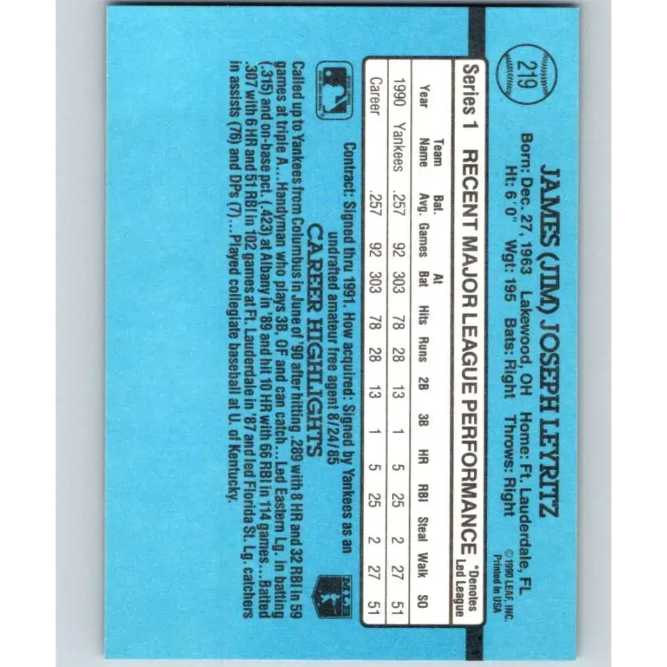 1991 Donruss #219 Jim Leyritz NM-MT New York Yankees Baseball Card - Baseball Card Single