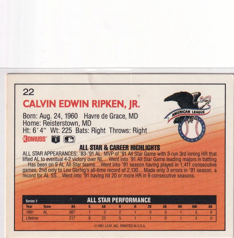 1991 DONRUSS #22 CAL RIPKEN JR- BALTIMORE ORIOLES