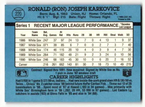 1991 Donruss #220 Ron Karkovice Chicago White Sox Baseball Cards EX/ ID:57665 - Baseball Card Single