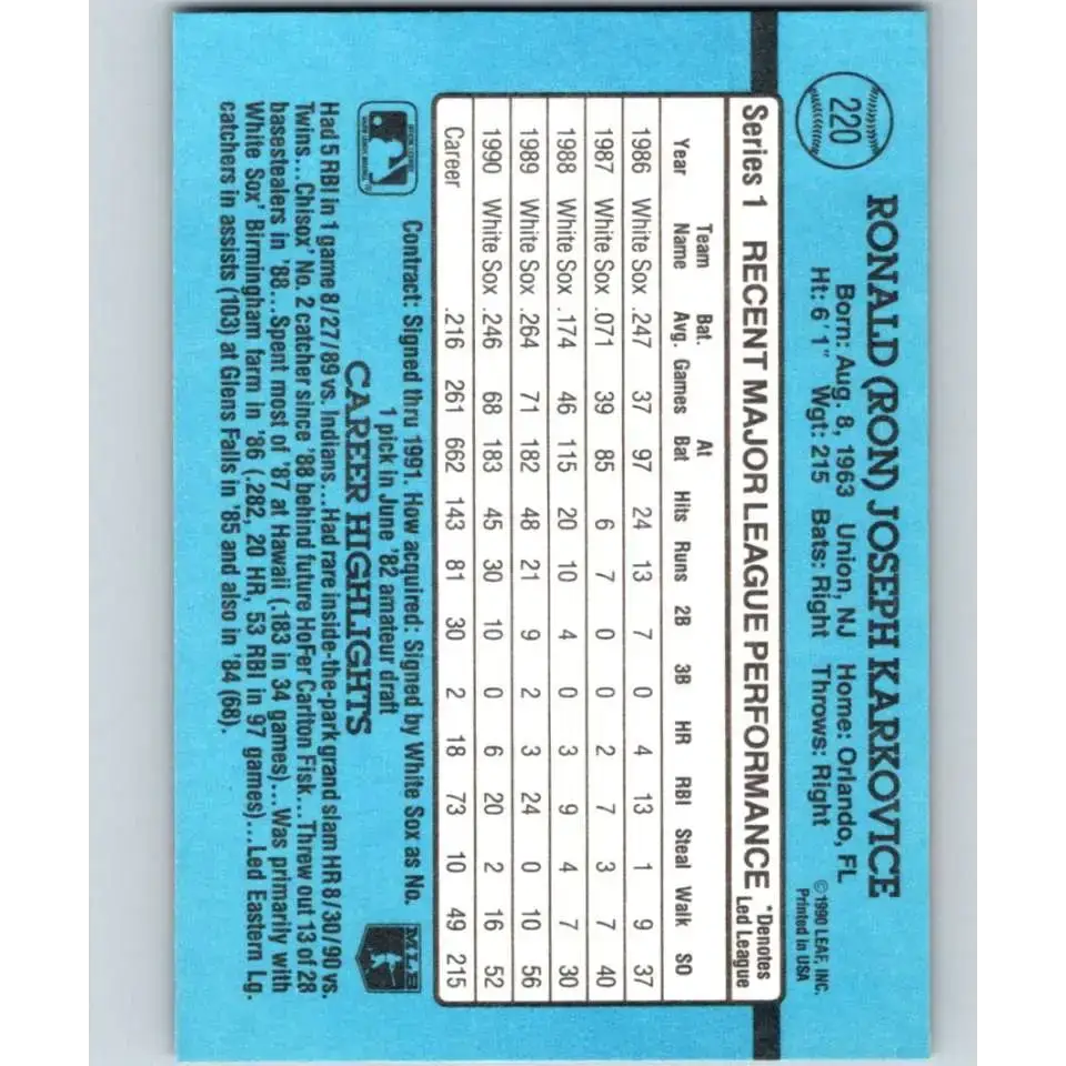 1991 Donruss #220 Ron Karkovice NM-MT Chicago White Sox Baseball Card - Baseball Card Single