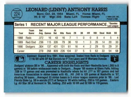 Original gloss Lenny Harris Los Angeles Dodgers baseball card 1991 Donruss #224