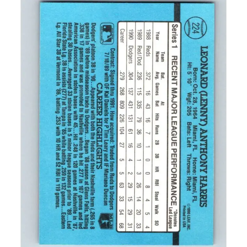 1991 Donruss #224 Lenny Harris NM-MT Los Angeles Dodgers Baseball Card - Baseball Card Single