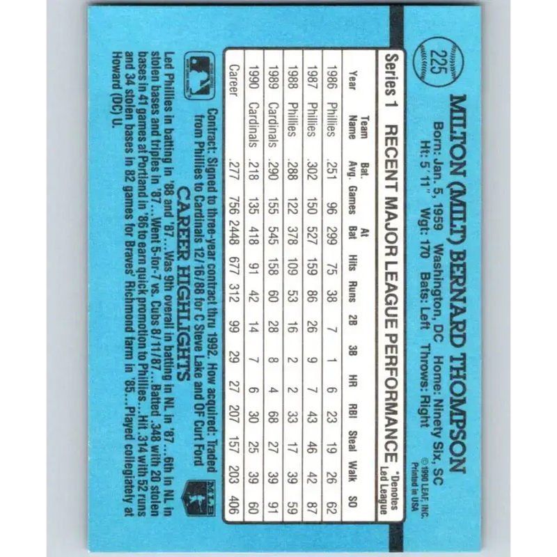 1991 Donruss #225 Milt Thompson NM-MT St. Louis Cardinals Baseball Card - Baseball Card Single