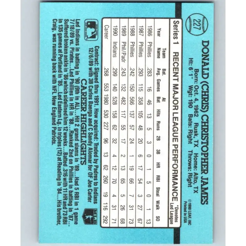 1991 Donruss #227 Chris James NM-MT Cleveland Indians Baseball Card - Baseball Card Single