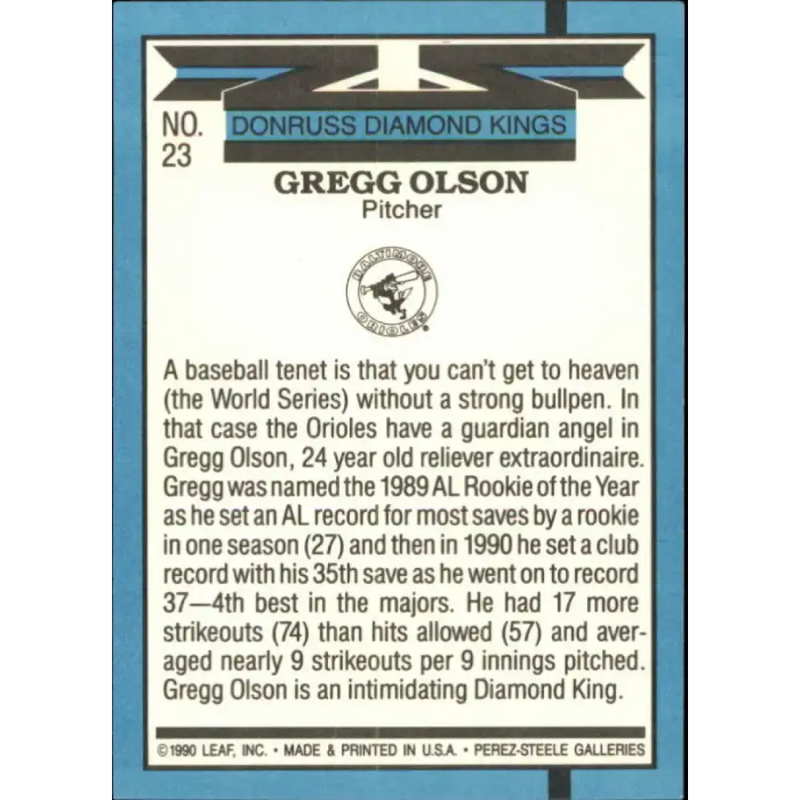 1991 Donruss #23 Gregg Olson DK NM-MT Baltimore Orioles Baseball Card - Baseball Card Single