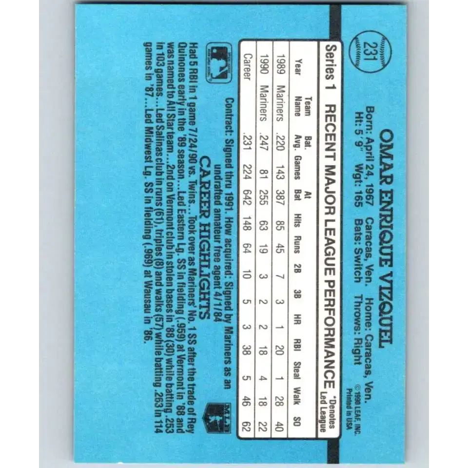 1991 Donruss #231 Omar Vizquel NM-MT Seattle Mariners Baseball Card - Baseball Card Single