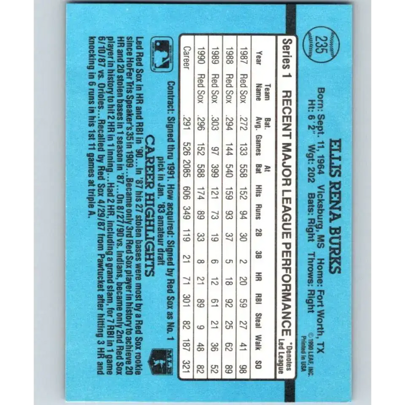 1991 Donruss #235 Ellis Burks NM-MT Boston Red Sox Baseball Card - Baseball Card Single