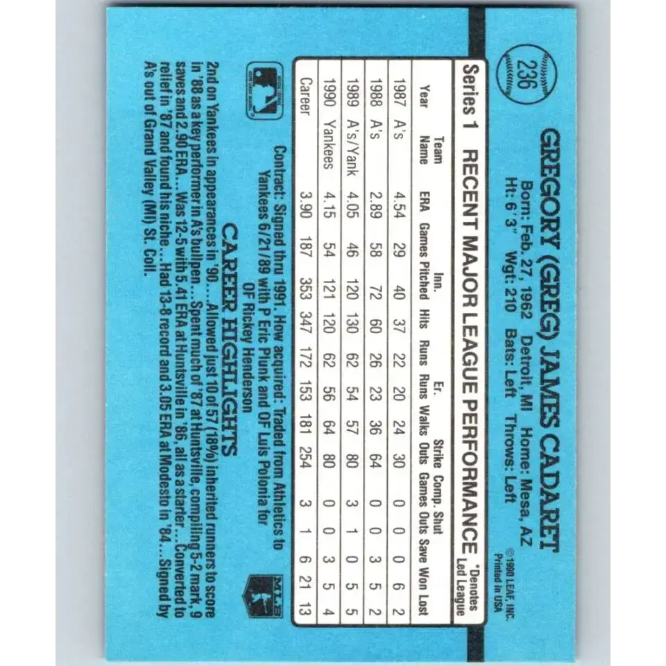 1991 Donruss #236 Greg Cadaret NM-MT New York Yankees Baseball Card - Baseball Card Single