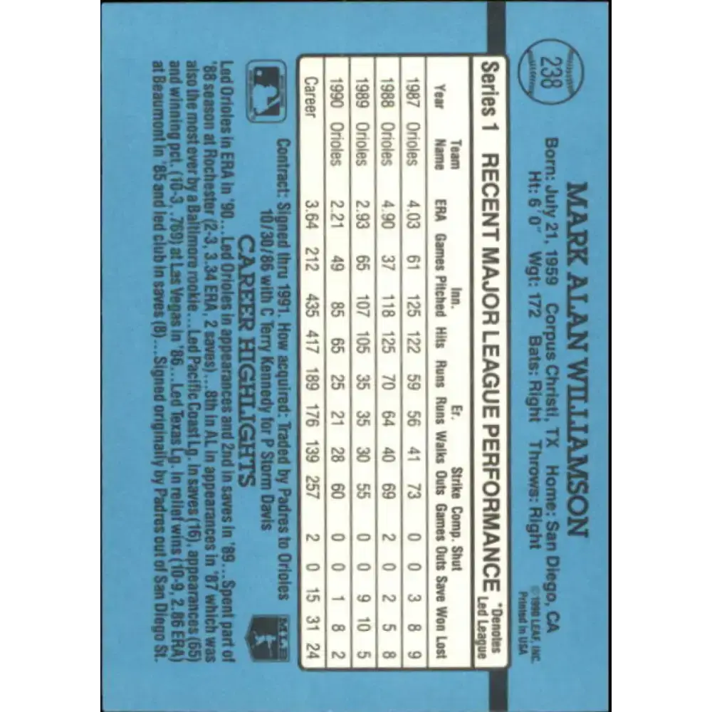 1991 Donruss #238 Mark Williamson NM-MT Baltimore Orioles Baseball Card - Baseball Card Single
