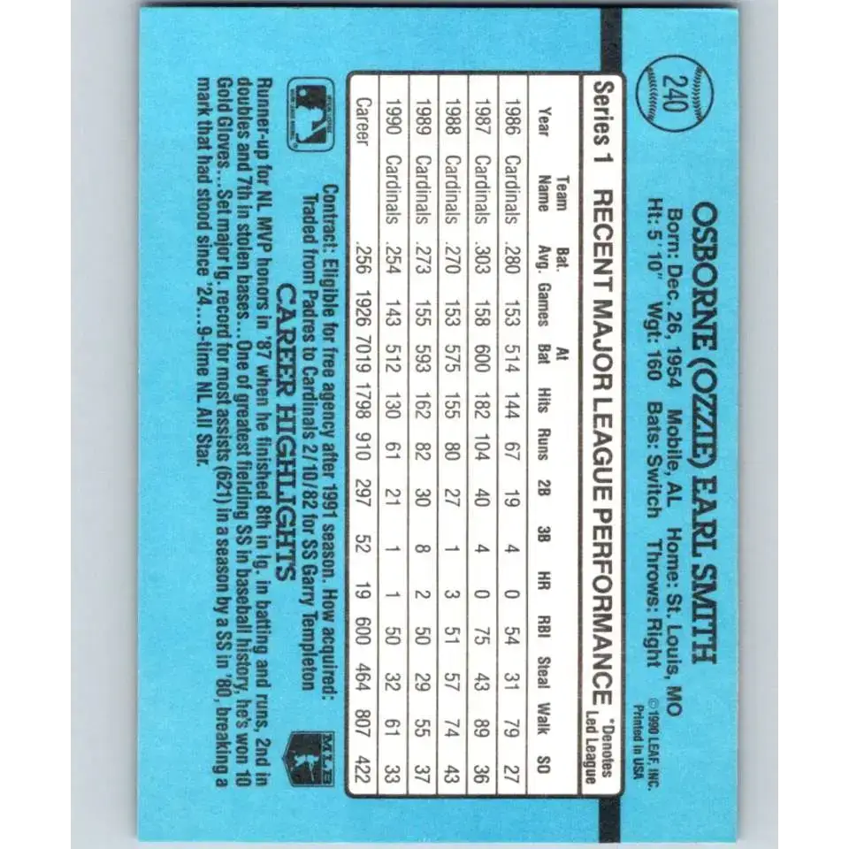 1991 Donruss #240 Ozzie Smith NM-MT St. Louis Cardinals Baseball Card - Baseball Card Single