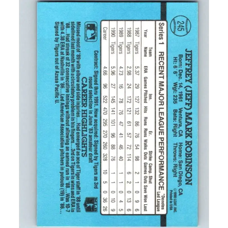 1991 Donruss #245 Jeff Robinson NM-MT Detroit Tigers Baseball Card - Baseball Card Single