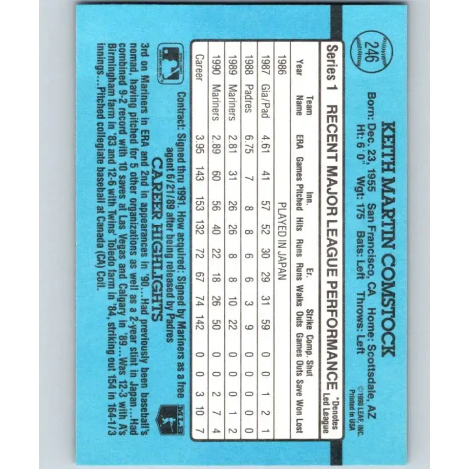 1991 Donruss #246 Keith Comstock NM-MT Seattle Mariners Baseball Card - Baseball Card Single