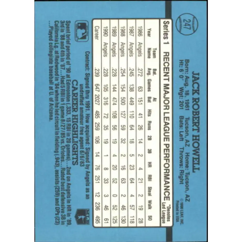 1991 Donruss #247 Jack Howell NM-MT California Angels Baseball Card - Baseball Card Single