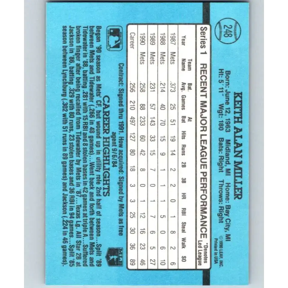 1991 Donruss #248 Keith Miller NM-MT New York Mets Baseball Card - Baseball Card Single