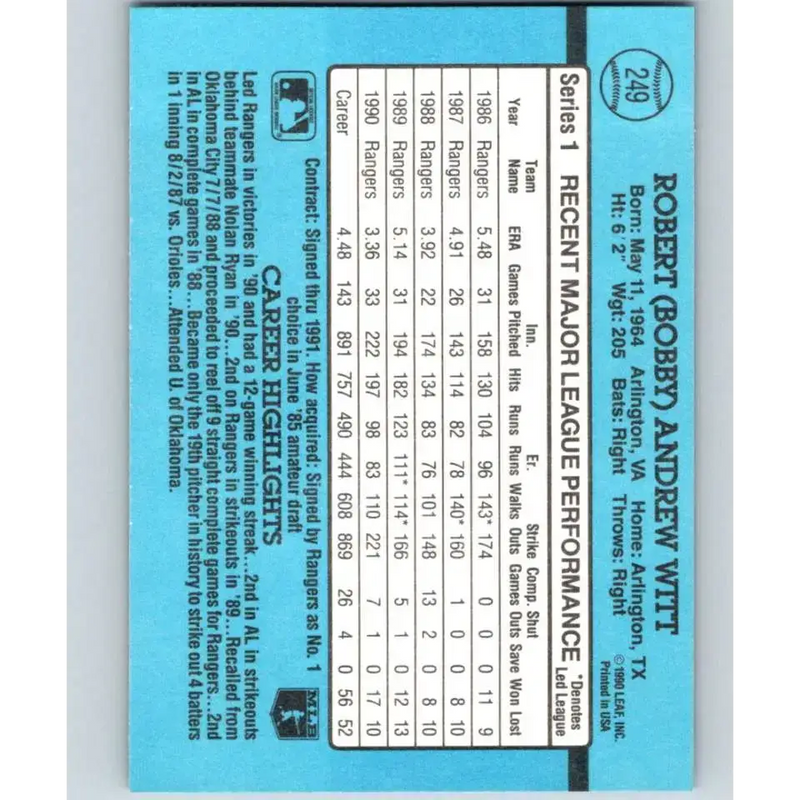 1991 Donruss #249 Bobby Witt NM-MT Texas Rangers Baseball Card - Baseball Card Single