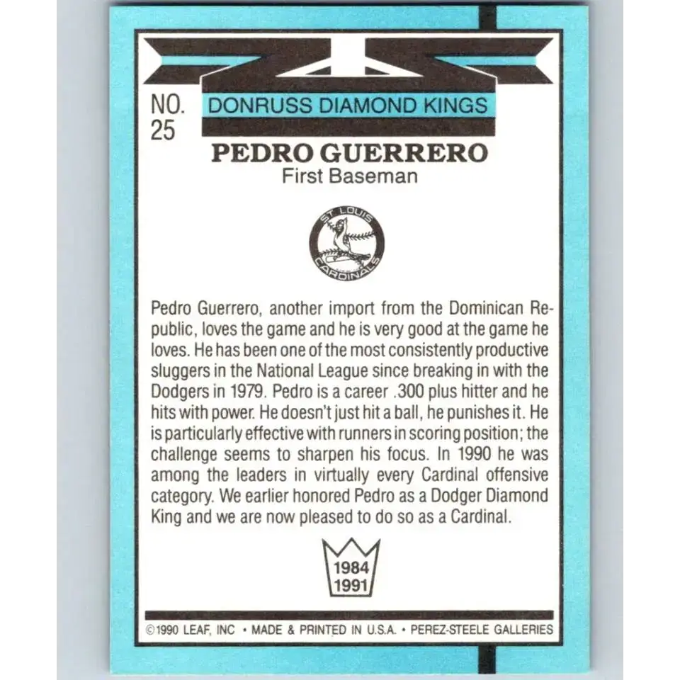 1991 Donruss #25 Pedro Guerrero DK UER NM-MT St. Louis Cardinals Baseball Card - Baseball Card Single