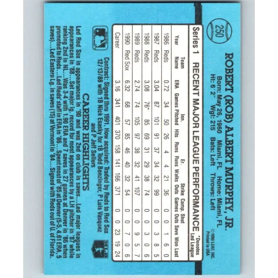 1991 Donruss #250 Rob Murphy UER NM-MT Boston Red Sox Baseball Card - Baseball Card Single