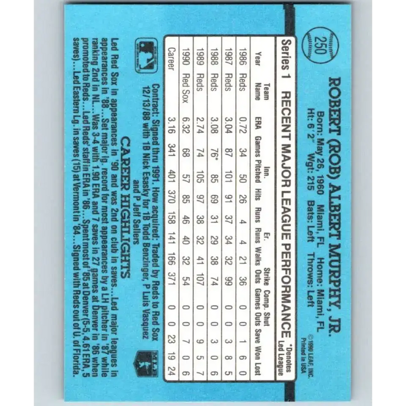 1991 Donruss #250 Rob Murphy UER NM-MT Boston Red Sox Baseball Card - Baseball Card Single