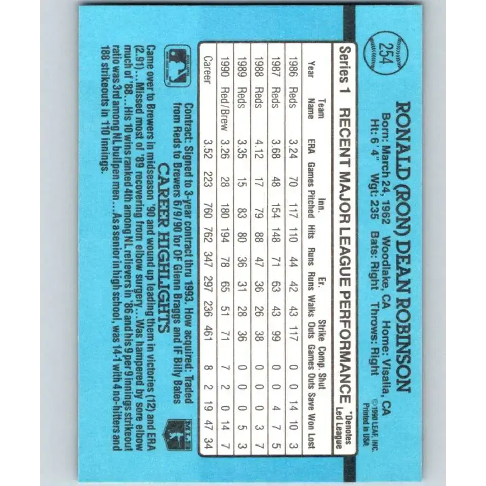 1991 Donruss #254 Ron Robinson NM-MT Milwaukee Brewers Baseball Card - Baseball Card Single
