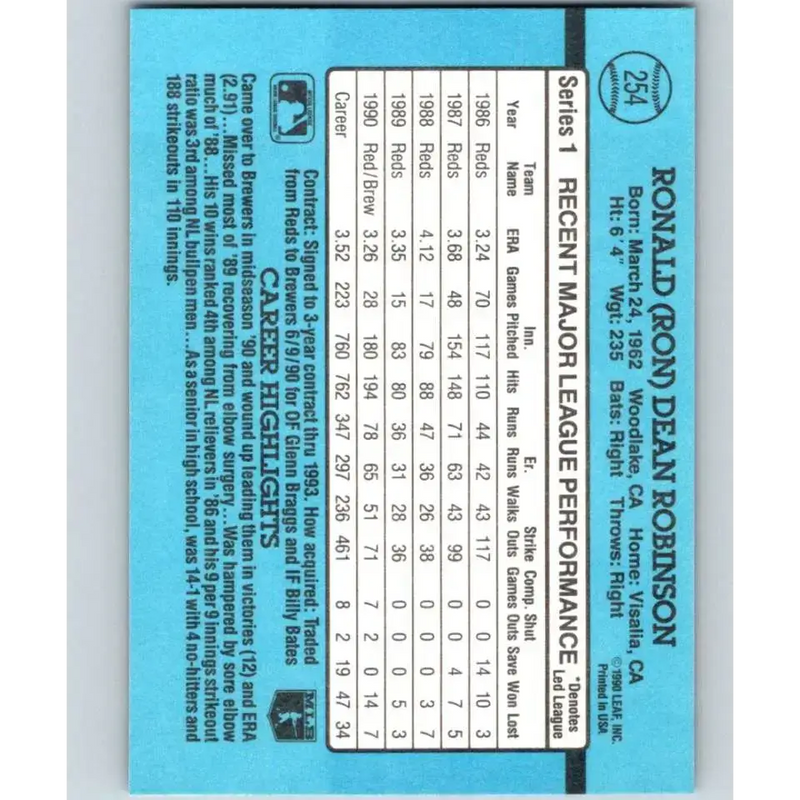 1991 Donruss #254 Ron Robinson NM-MT Milwaukee Brewers Baseball Card - Baseball Card Single